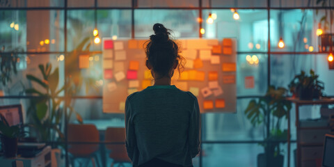 Fototapeta premium Female Professional Planning Strategy - A woman stands in front of a glass board covered with colorful sticky notes in a modern office, epitomizing strategic planning, creativity, and innovative thin