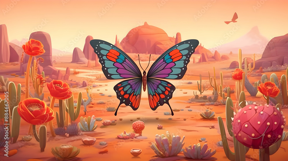 Wall mural colorful butterfly in desert landscape