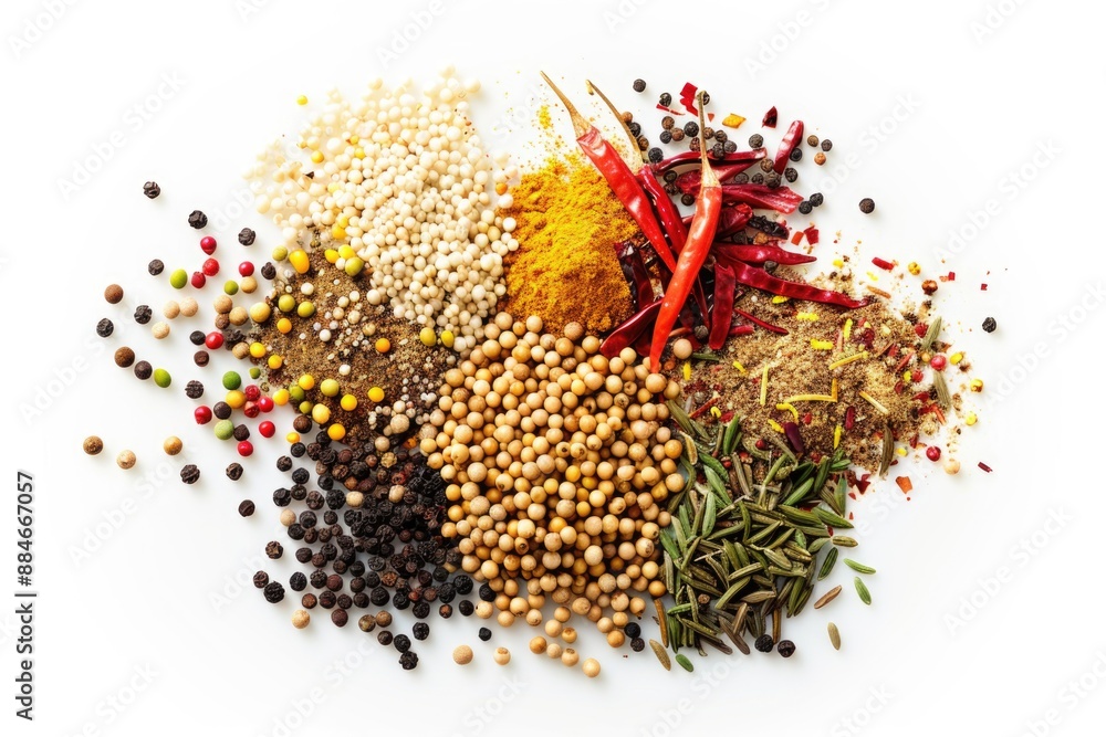 Poster a selection of various spices arranged on a white surface