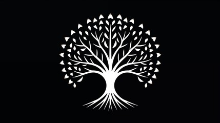 Abstract minimalist tree design on black background with white silhouette representing nature and growth