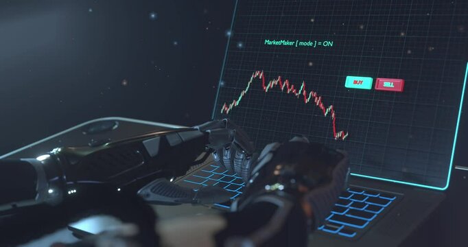Robot Market Maker AI integrated working with laptop on stock data  graph analytics, japanese candlestick chart on screen