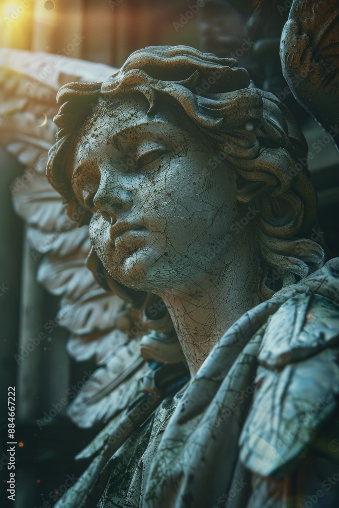 Poster A detailed view of an angel's face from a statue, suitable for use in faith-based or inspirational contexts