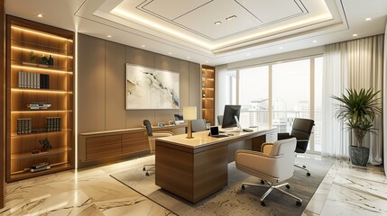 An elegant office characterized by a minimalist style with clean lines, large windows flooding in natural light, and a city view, the space includes sophisticated furniture and decor.
