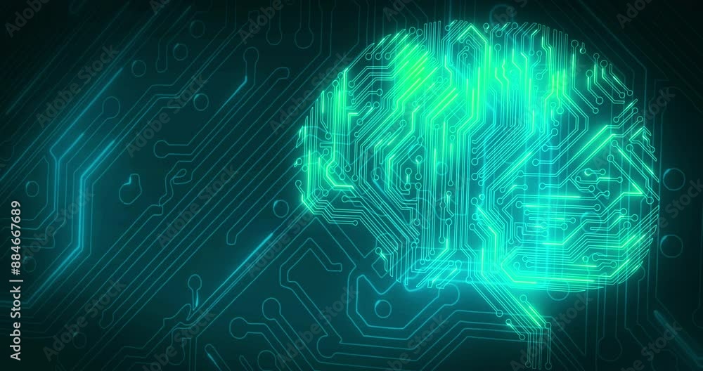 Aufkleber Circuit, digital brain and neon technology for ai, artificial intelligence on black background. Neural network, information or machine learning cpu on future electric cyber computer for big data flow