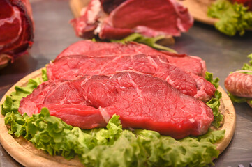 Meat in the butcher shop. Fresh beef in the store. Raw meat, close-up