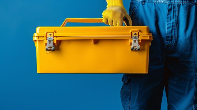 A worker wearing gloves holds a yellow tool box in one hand, representing readiness and safety for a construction or repair task, emphasizing protection and efficiency.