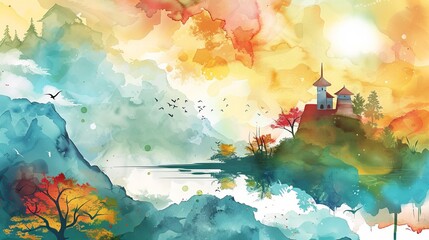 A vibrant and colorful watercolor painting showcasing mountains, a lake, trees, and a quaint house on a hill, blending natural beauty with artistic expression.