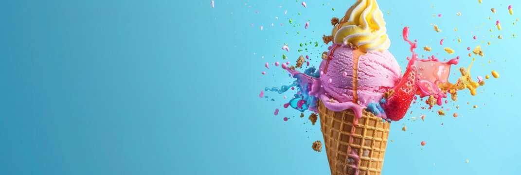Closeup view of exploding tasty cone ice cream.