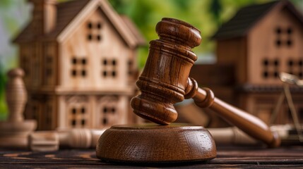 A detailed gavel appears in front of several small, toy-like houses, symbolizing property-related legal matters, such as real estate auctions, decisions, or litigations.