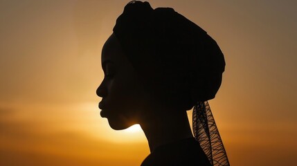 A silhouette of a woman wearing a turban against the vibrant colors of a sunset