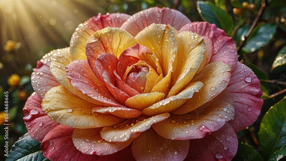 Poster dewy peach and yellow camellia flower.