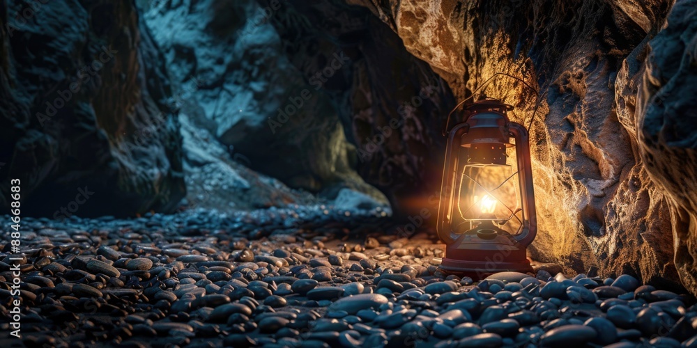 Aufkleber a single lantern shines its light in the darkness of a cave