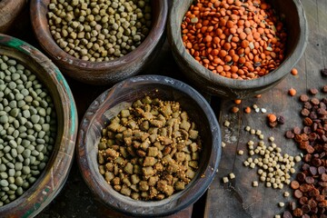 Fototapeta premium Top view of various legumes displayed in rustic wooden bowls