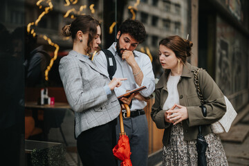 Obraz premium Business colleagues having an outdoor meeting, discussing ideas on a tablet in a city setting. Teamwork, collaboration, and brainstorming in an urban environment.