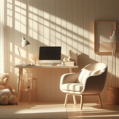 photograph, home office, minimal, soft sunlight, warm artificial light casting, creating a warm white and inviting atmosphere