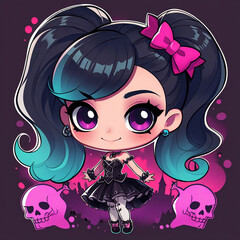 Dark-Haired Gothic Beauty with Long Hair and Skull Accents