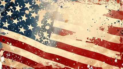 A distressed American flag graphic with paint splatters illustrates a vintage artistic style, representing patriotism, struggle, and resilience. Perfect for creative, historical themes.