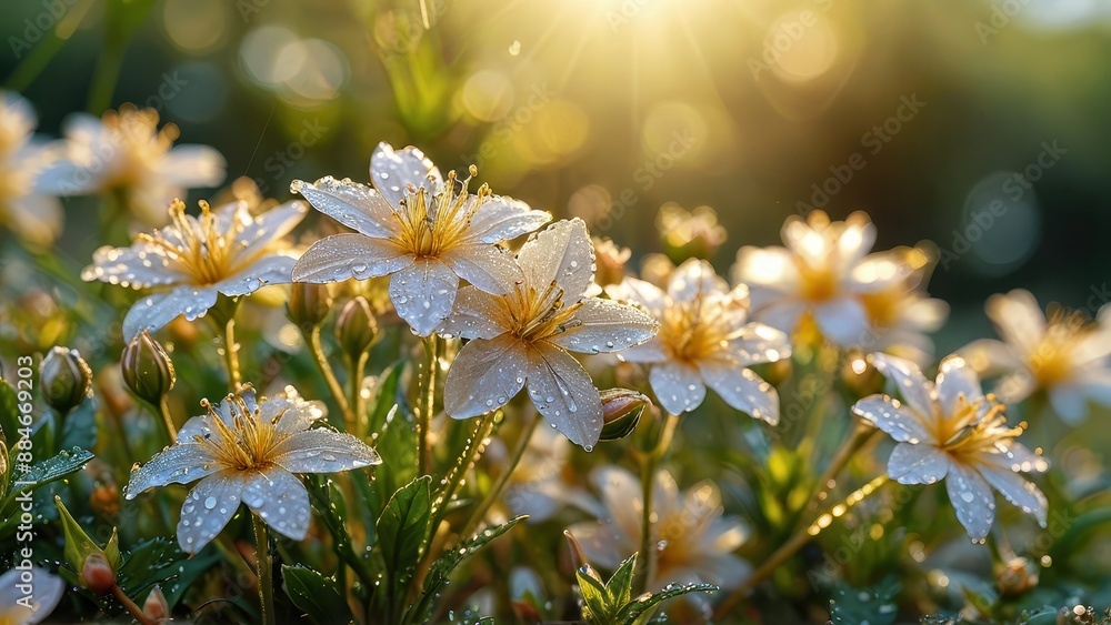 Poster White Flowers Dew Drops Sunshine.