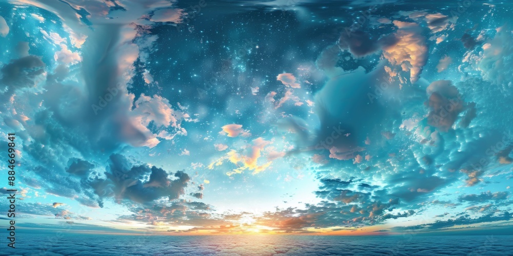 Poster a serene sunset scene with clouds over the ocean, ideal for use in travel or nature-themed projects
