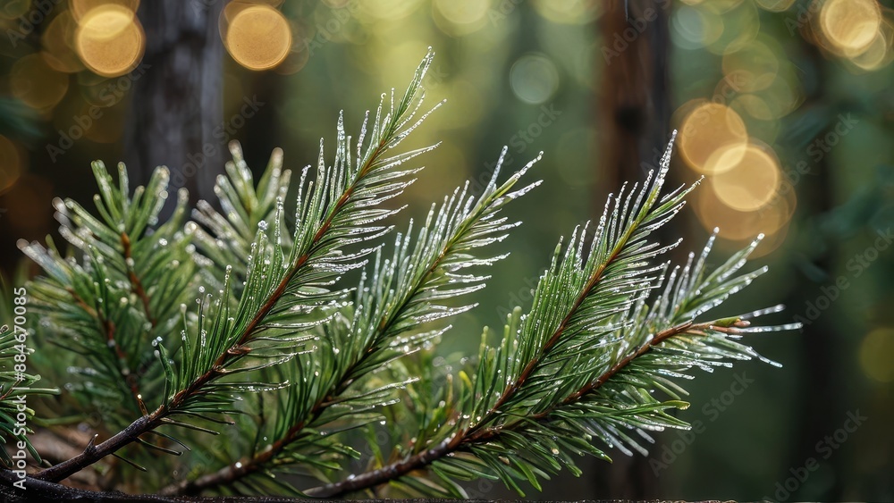 Poster pine needles with dew drops and bokeh background.