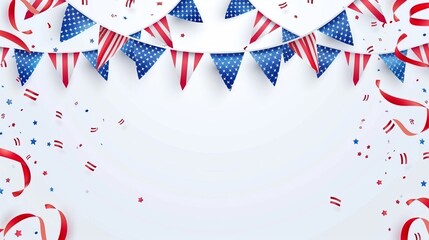 Obraz premium Decorations in American flag colors with streamers and bunting for a celebration, featuring stars and stripes in red, white, and blue to symbolize patriotism and festivity.