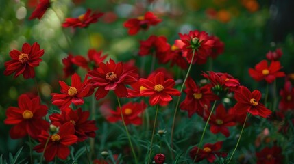 A bunch of vibrant red flowers growing amidst lush green grass