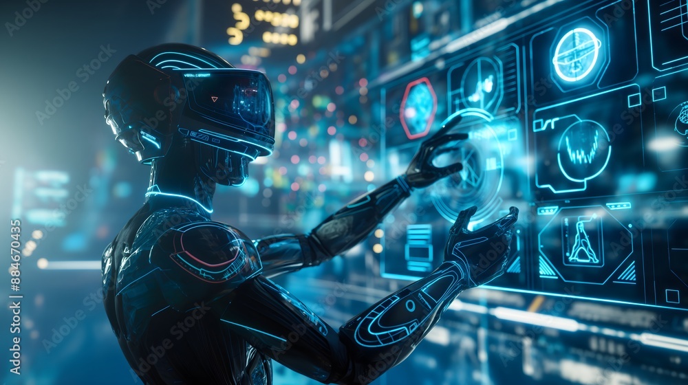 Poster 40. a humanoid ai interacting with virtual reality elements in a futuristic setting