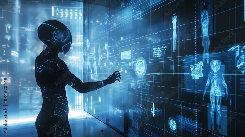 Poster 40. a humanoid ai interacting with virtual reality elements in a futuristic setting