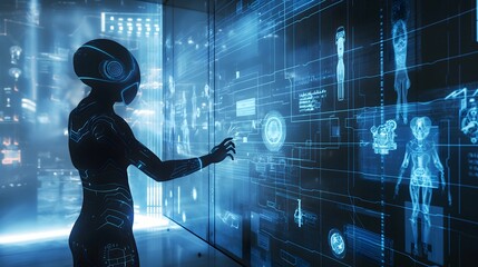 Obraz premium 40. A humanoid AI interacting with virtual reality elements in a futuristic setting
