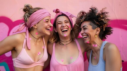 Three women are joyfully laughing and celebrating together, adorned in pink attire, with confetti in the air, embodying moments of happiness and camaraderie.