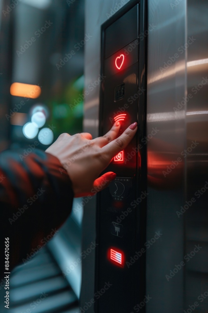 Poster a person pressing the button on an elevator
