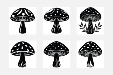 Set of black and white mushrooms.  mushroom silhouette