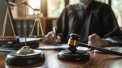A judge wearing a traditional judicial robe takes notes at his desk, with the scales of justice and a wooden gavel nearby, representing fairness and legal proceedings.