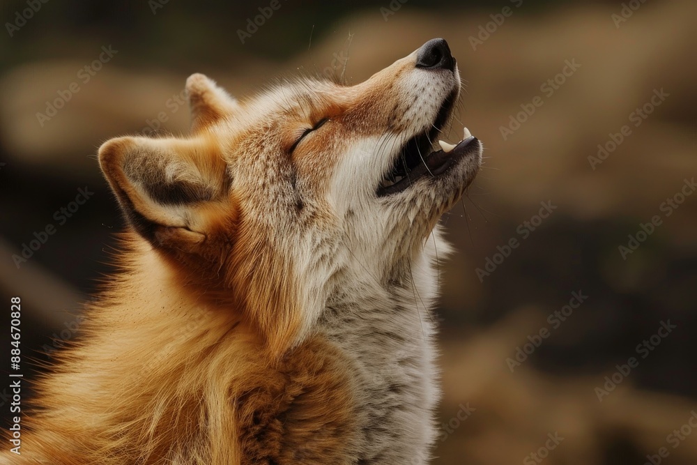 Poster closeup portrait of a wild howling coyote in its natural habitat, showcasing its brown fur, teeth, a