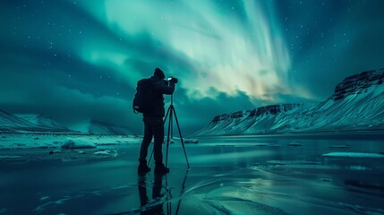 Fototapeta premium A photographer stands with his camera and tripod, capturing the mesmerizing auroras in a cold, icy wilderness with a backdrop of starry skies and snowy mountains.