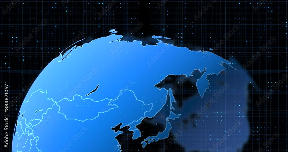 Leinwandbilder Grid, connection and digital map of earth for future technology, cyber infrastructure and iot on black background. Information, communication and global network for internet data on dark wallpaper.