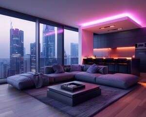 Modern Flat Interior Design with Striking Contrast Minimalist Living Room with City View and Vibrant LED Lighting Contemporary Home Decor Ideas