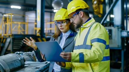 Two engineers in safety gear are discussing a project while looking at a laptop in an industrial facility, emphasizing teamwork and technical proficiency.