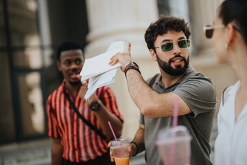 Business people collaborating outdoors in an urban city environment, discussing ideas and holding drinks. Teamwork and casual meeting concept.