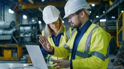 Two industrial engineers in high-visibility jackets and safety helmets collaborating over a laptop in a factory, emphasizing teamwork, safety, and technical precision.