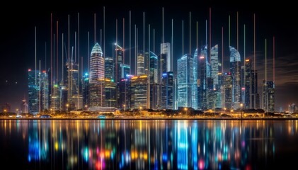 Obraz premium Night city skyline with colorful lights reflecting on water