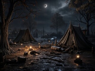 Moonlit campsite with lanterns and tents in eerie setting