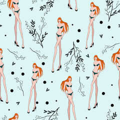 Seamless pattern with a red-haired girl in a swimsuit and flowers, color illustration