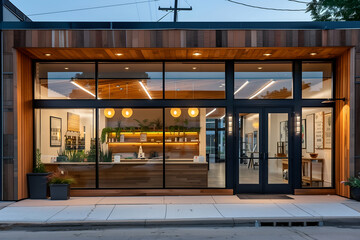 Modern and inviting shop with big windows showing the interior with no people visible