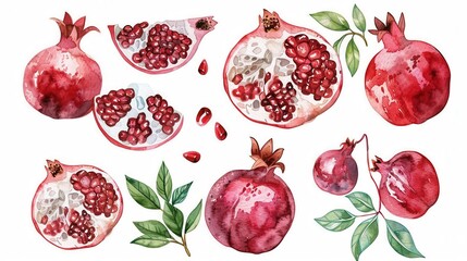 Artistic drawing painting of fresh pomegranate fruit seed grain leaf