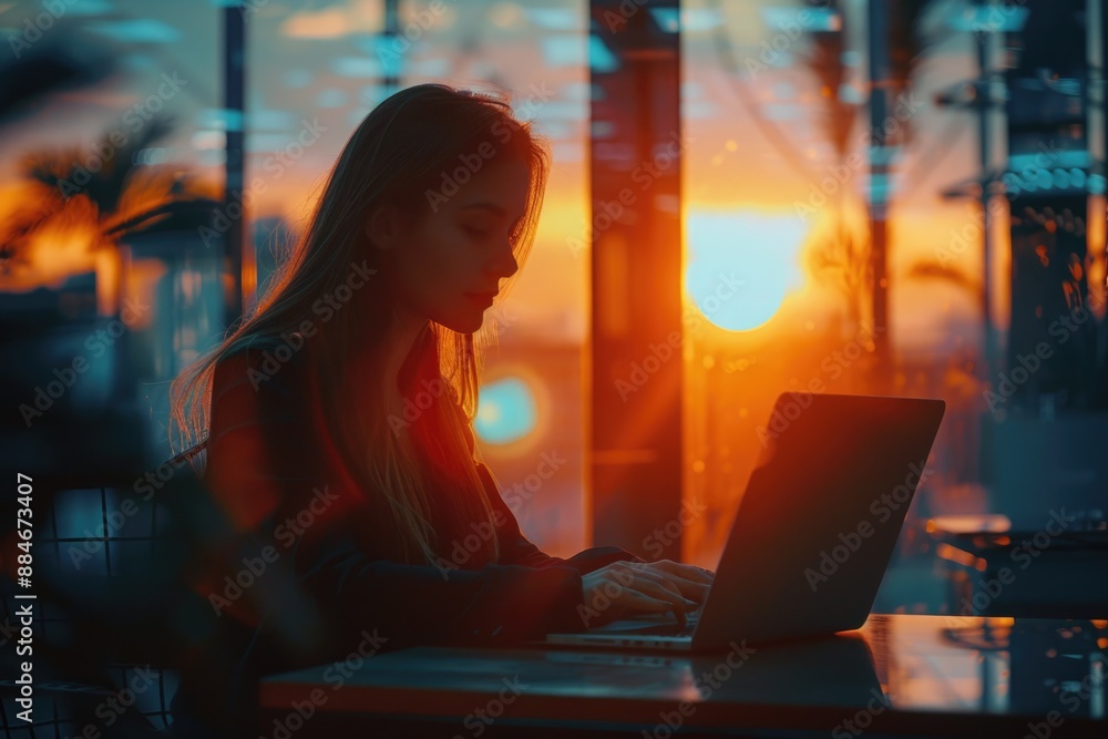 Poster a person sitting at a desk with a laptop and taking notes or working online