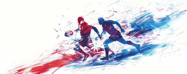 Digital art of Rugby 7s players in dynamic action, adorned in the colors of the French flag, representing France for the Paris 2024 Olympic Games - Powered by Adobe