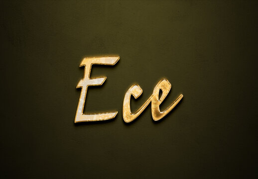 Old gold text effect of Turkish name Ece with 3D glossy style Mockup.