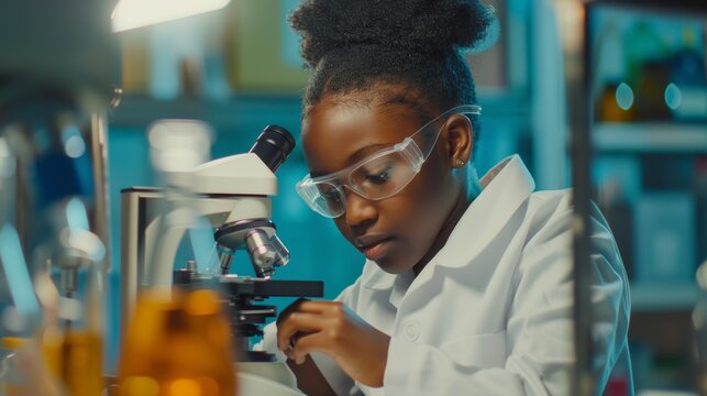 A young African American scientist is learning and writing about science and researching through a microscope in a laboratory. Science and Education Researcher