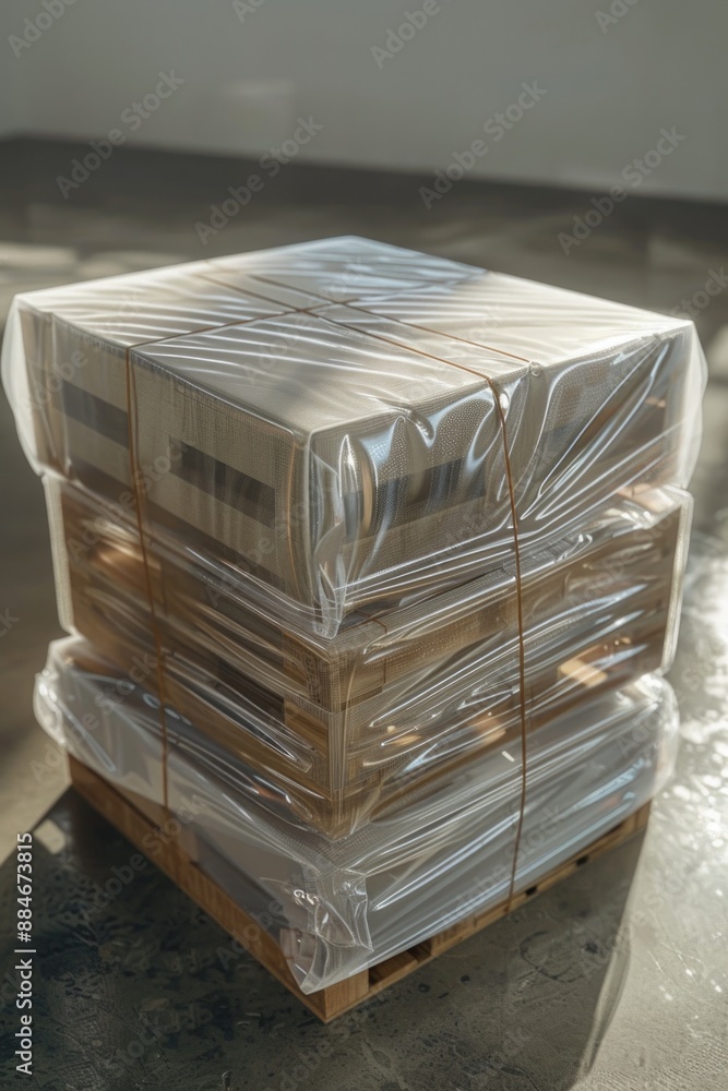 Poster a pile of pallets stacked on top of another, resting on a wooden pallet
